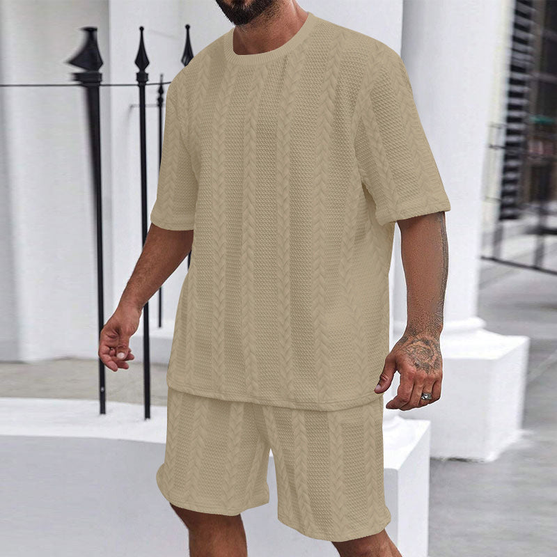 Herren nan entspanntes Zopfstrick-Freizeitset mit weitem Kurzarmshirt und elastischer Bermuda R&B