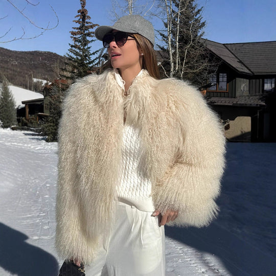 Damen luxuriöse Kunstfelljacke mit voluminösen Ärmeln R&B