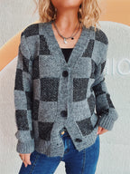 Damen lässige Strickjacke mit modernem Karomuster und hochwertigen Knopfdetails R&B