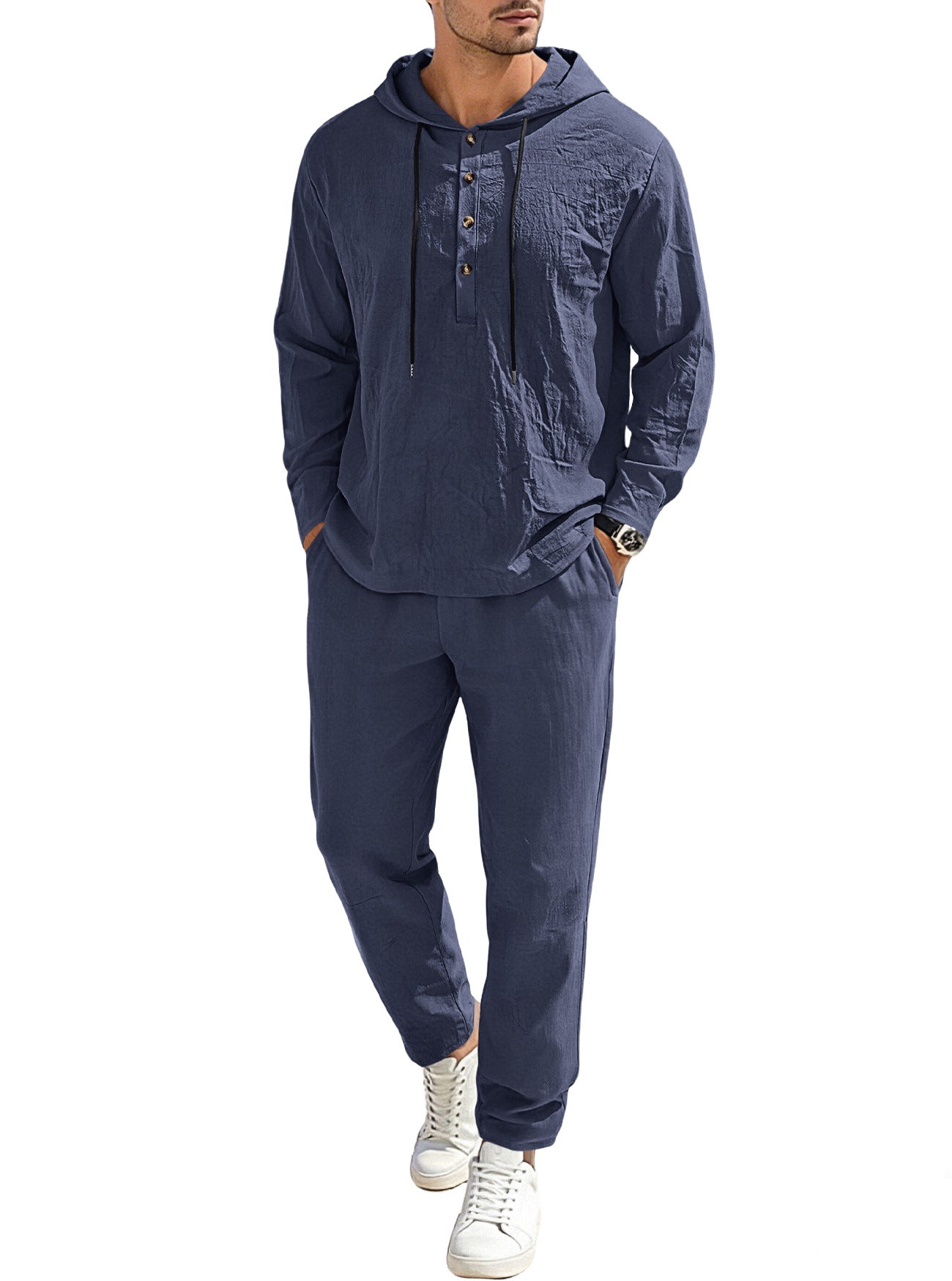 Herren nan entspannter Kapuzen-Henley Freizeitanzug aus leichter Baumwollmischung in Leinenoptik mit Kordelzug und elastischer Bundhose R&B