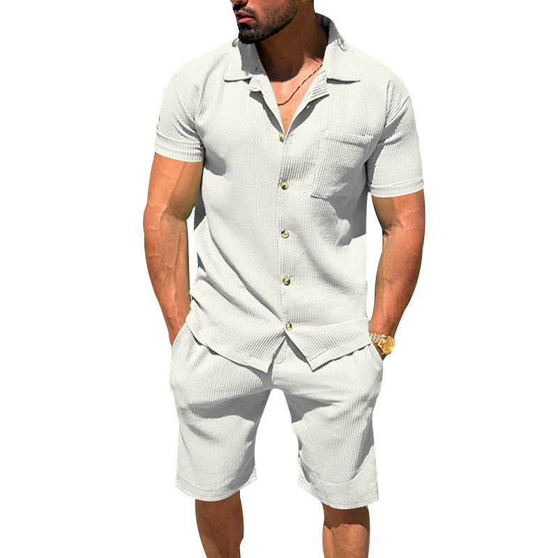 Herren nan lässiges zweiteiliges Freizeitset aus geripptem Jersey mit Hemdkragen Knopfleiste und Shorts R&B