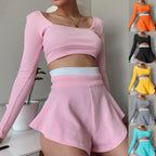 Damen sportliches Crop-Top und Short-Set mit weitem Saum R&B