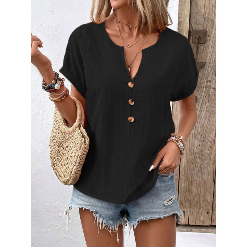Damen lässige Bluse mit Knopfleiste und rundem Ausschnitt R&B