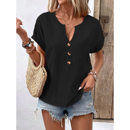 Damen lässige Bluse mit Knopfleiste und rundem Ausschnitt R&B