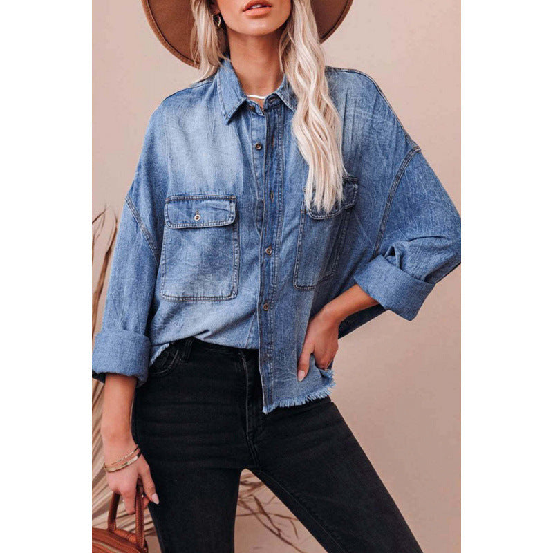 Damen Lässige Denimbluse mit Fransen und aufgesetzten Taschen R&B