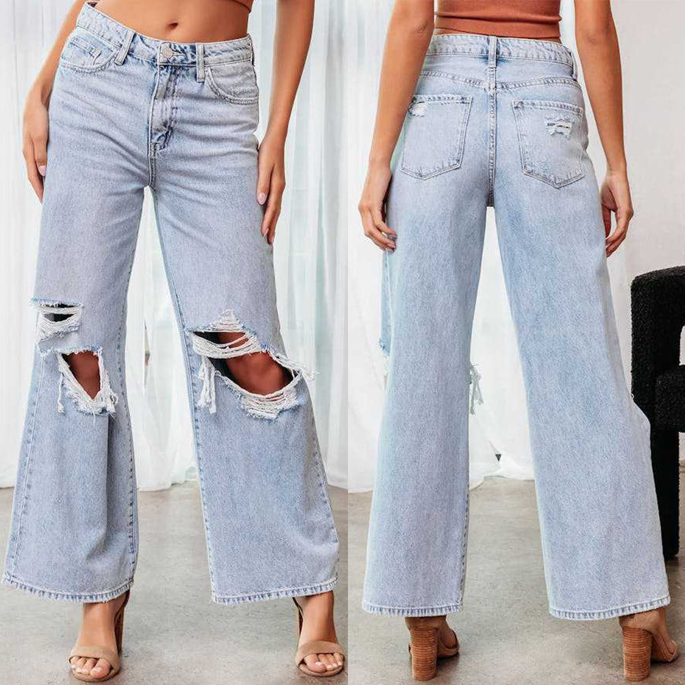 Damen Weit geschnittene Jeans mit modischen Rissen und lässigem Schnitt R&B