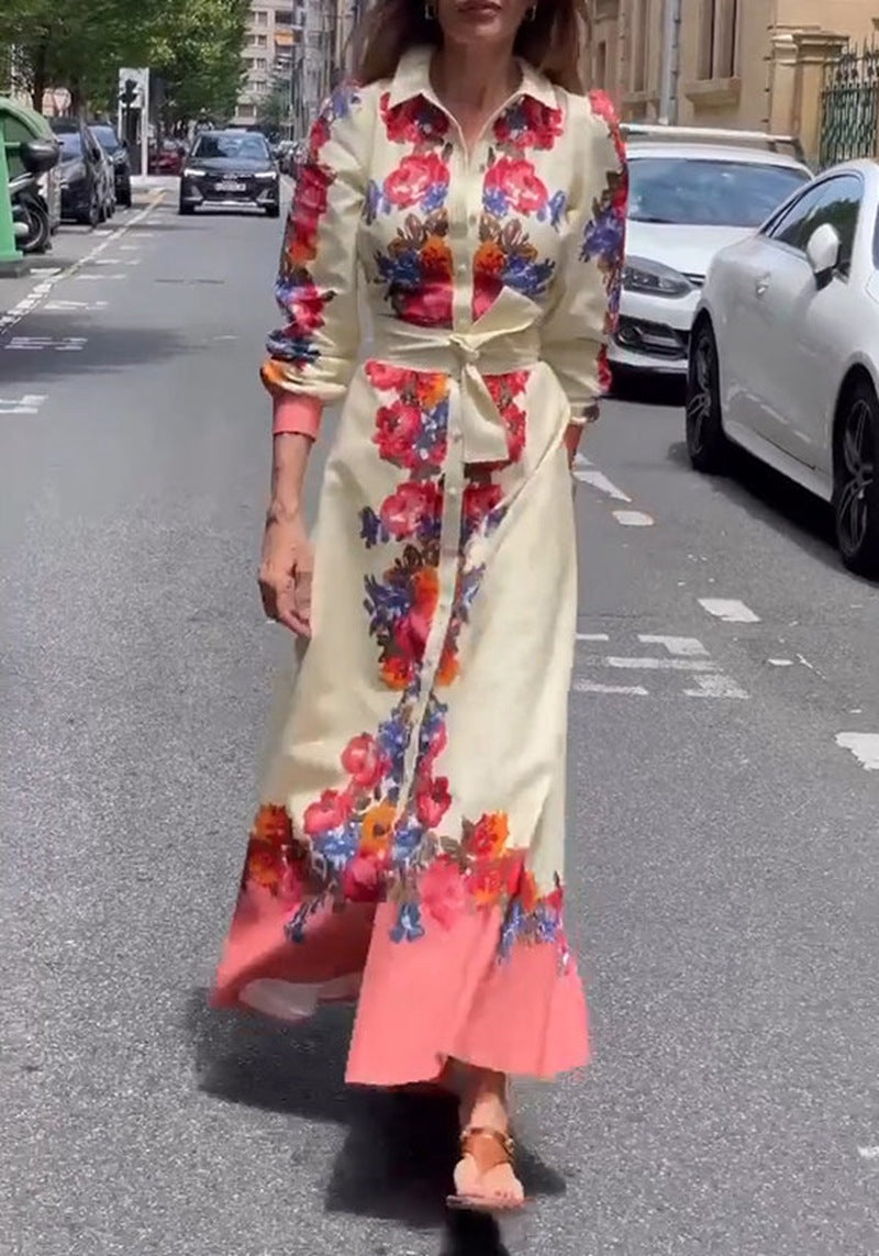 Damen nan langes Hemdblusenkleid mit floralem Print, Bindegürtel und Volantbesatz R&B