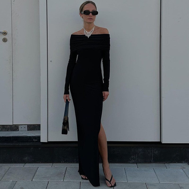 Damen Elegantes Maxikleid mit schickem Off-Shoulder-Ausschnitt und seitlichem Schlitz R&B