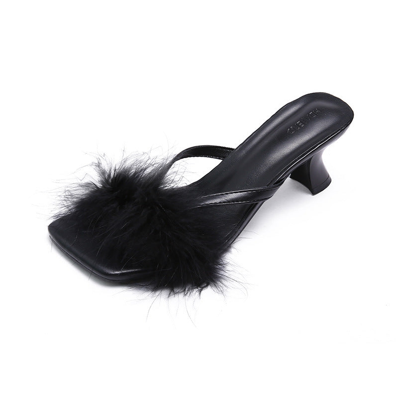 Damen Offene Mules mit dekorativem Plüschbesatz und elegantem Absatz R&B
