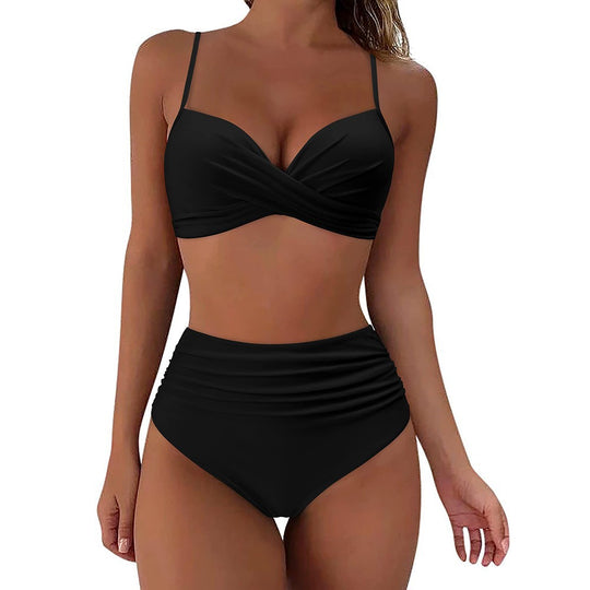 Damen hochtailliertes Bikini-Set mit elegantem Wickeldesign R&B