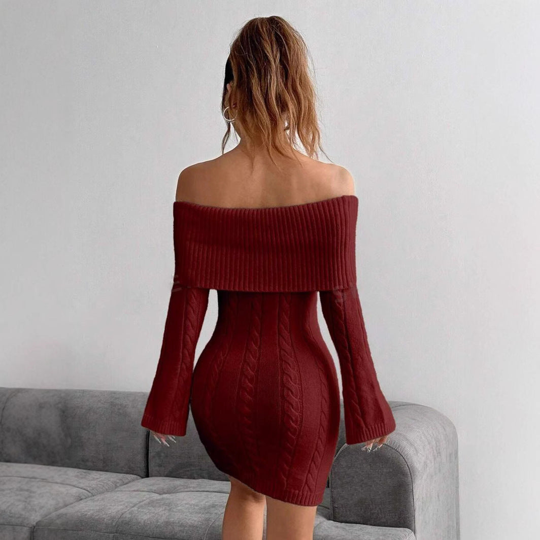 Damen figurbetontes Strickkleid mit weitem Ausschnitt R&B
