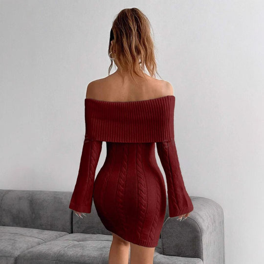 Damen figurbetontes Strickkleid mit weitem Ausschnitt R&B