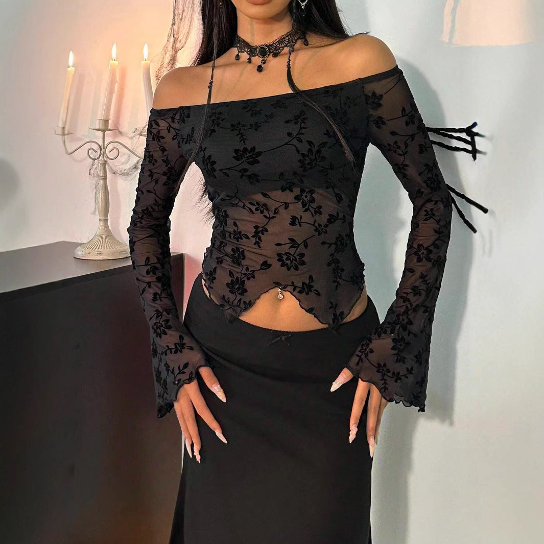 Damen Elegantes Off-Shoulder Oberteil mit floralem Spitzenmuster und ausgestellten Ärmeln R&B
