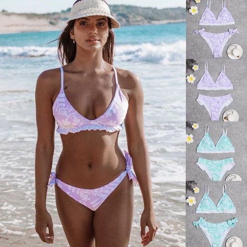 Damen Triangel-Bikini mit verspielten Rüschendetails und floralem Druck R&B