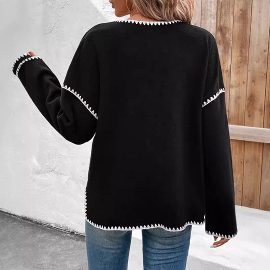 Damen modische Strickjacke mit dekorativem Kontrastbesatz und großen Taschen R&B