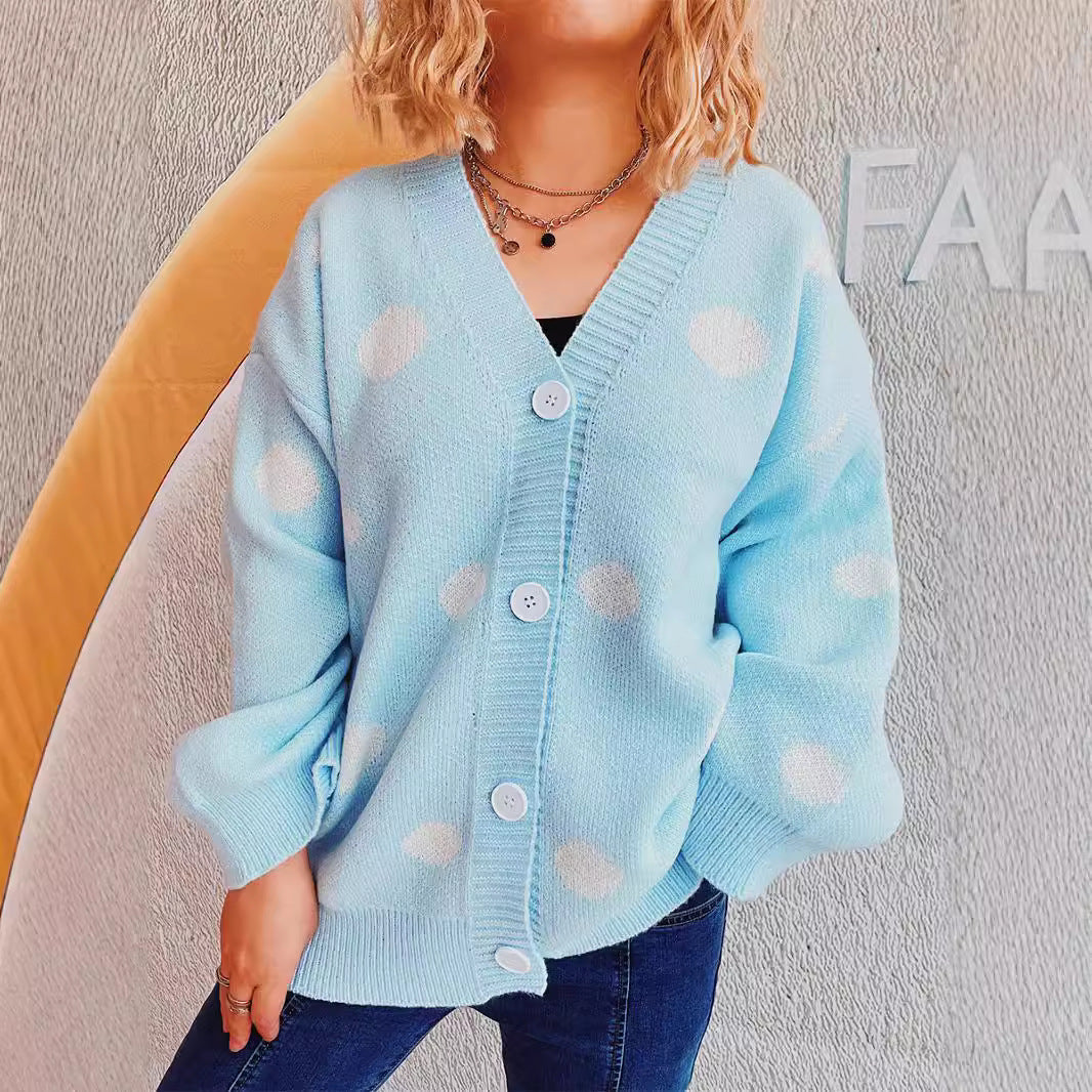 Damen lässige Strickjacke mit modernen Punkten und voluminösen Ärmeln R&B