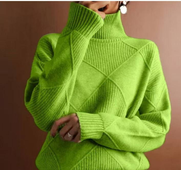Damen hochwertiger Strickpullover mit stehendem Kragen und extravagantem Rautenmuster R&B