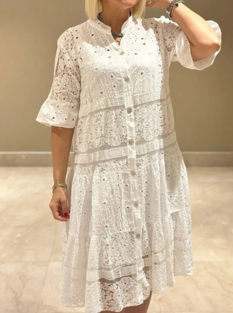 Damen nan Hemdblusen-Midikleid mit Spitzen-Einsätzen, Stufenrock und durchgehender Knopfleiste R&B