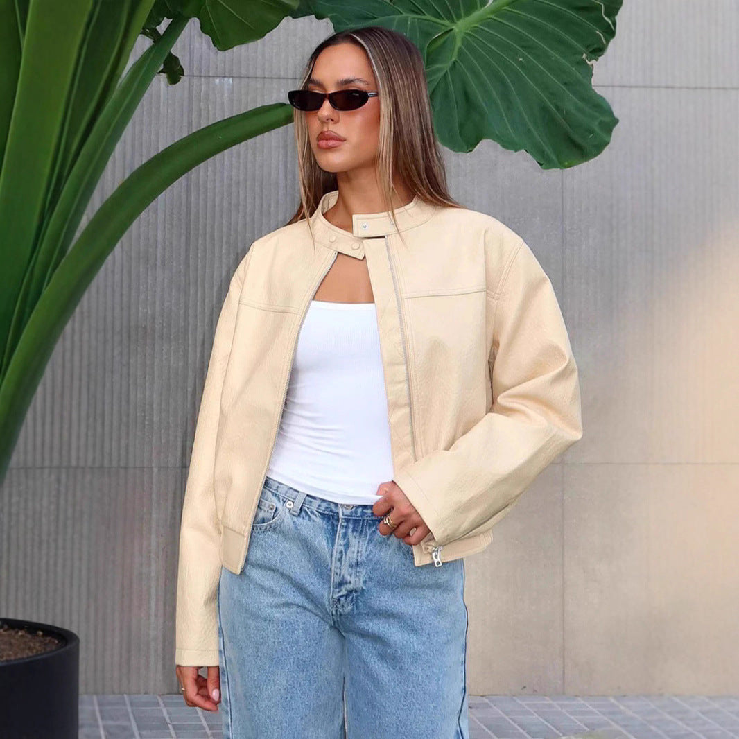 Damen Kunstleder Jacke mit elastischem Bund und hohem Stehkragen R&B