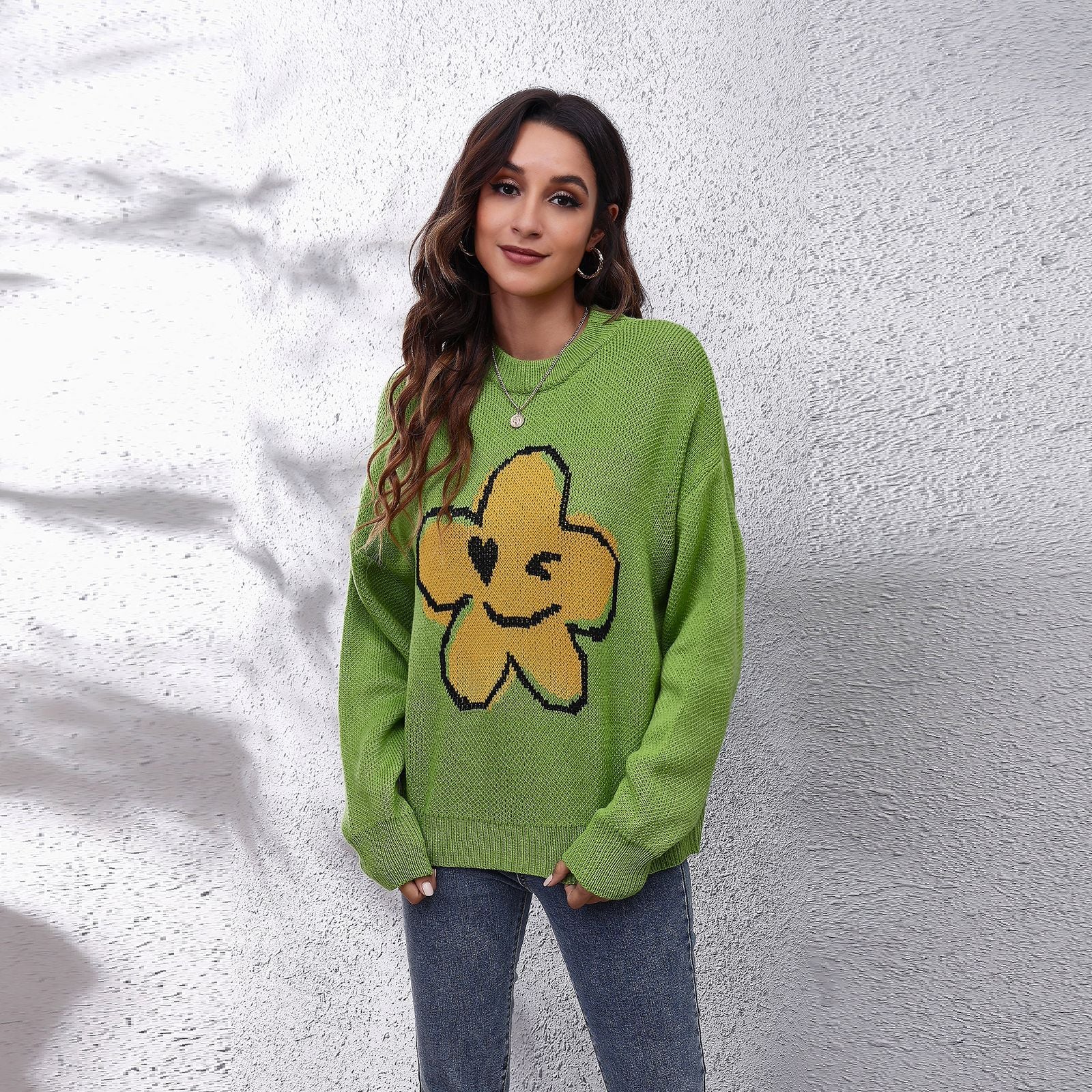 Damen Grob gestrickter Pullover mit floralem Motiv und lässigem Schnitt R&B