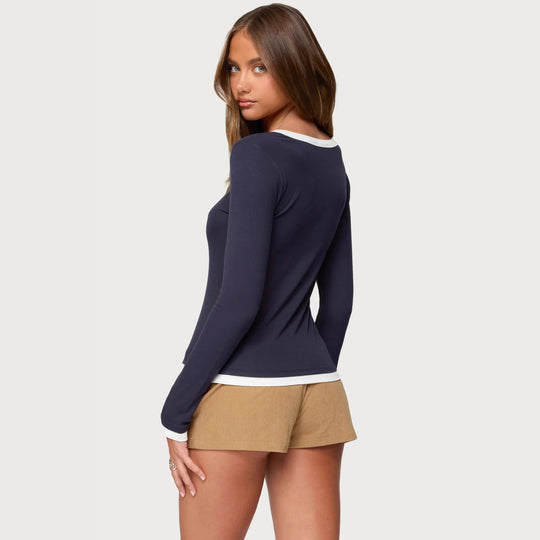 Damen Langarmshirt mit funktionalem Knopfleiste und Kontrastkragen R&B
