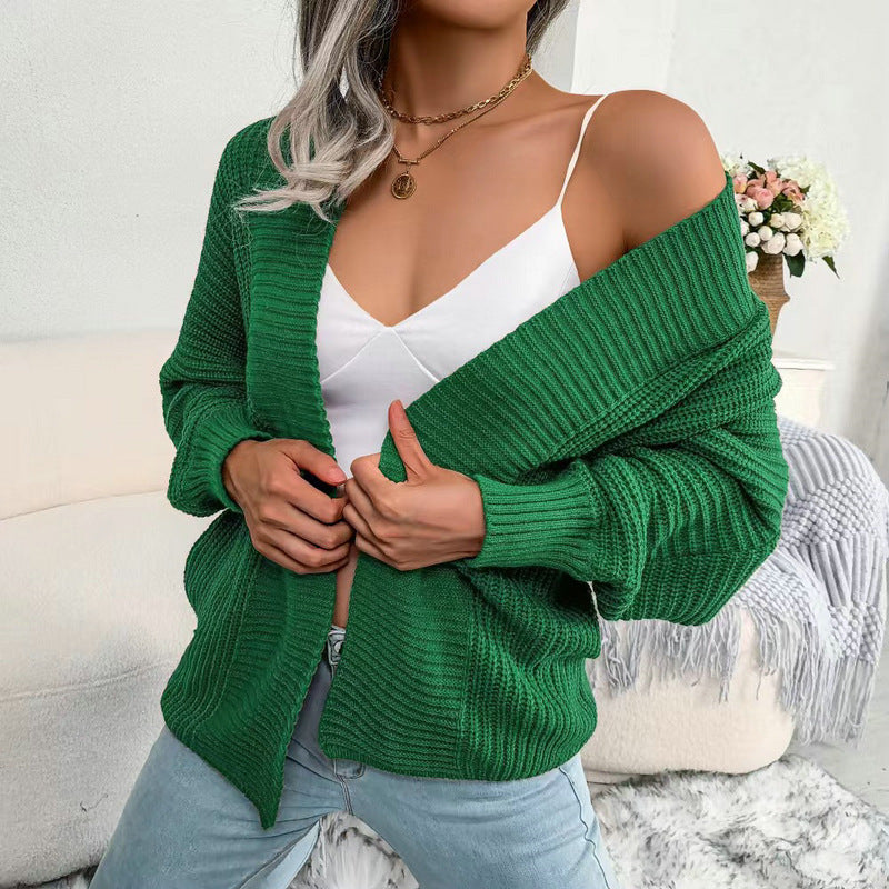 Damen Grobstrick Cardigan mit weit geschnittenen Ärmeln und offenem V-Ausschnitt R&B