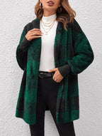 Damen Kuschelige Fleecejacke mit Karomuster und kapuziertem Design