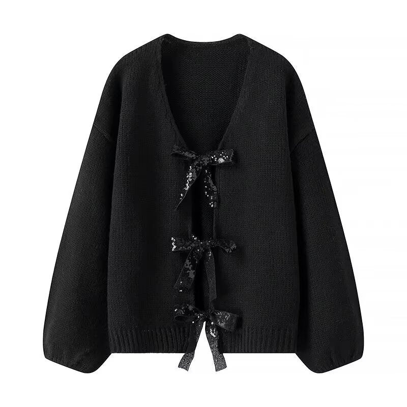 Damen luftige Strickjacke mit Schimmerndem Bindegürtel R&B