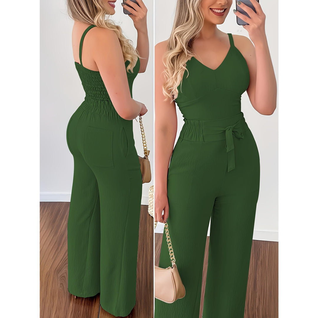 Damen eleganter Jumpsuit mit Taillengürtel und weitem Bein R&B