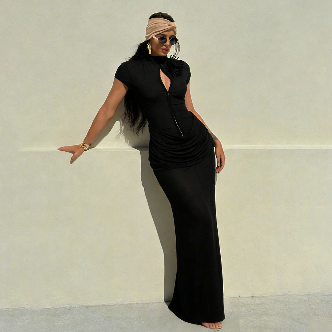 Damen Langarm Maxikleid mit raffiniertem Schnitt und eleganter Knopfdetail R&B