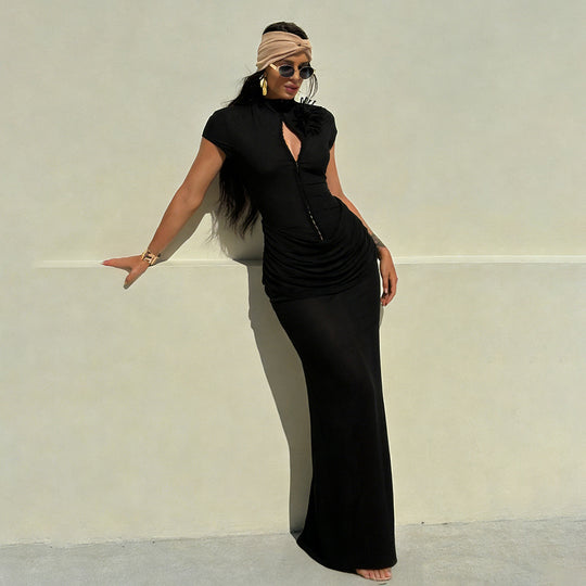 Damen Langarm Maxikleid mit raffiniertem Schnitt und eleganter Knopfdetail R&B