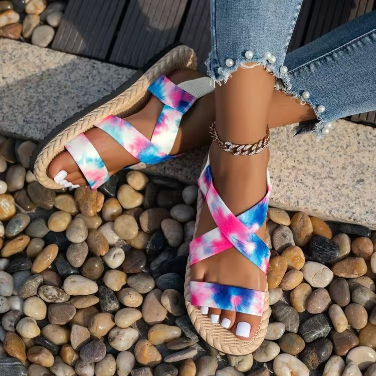 Damen nan flache Espadrille-Riemchensandalen mit geflochtenem Bastrand, elastischem Fersenband und gekreuzten Ethno-Riemen R&B