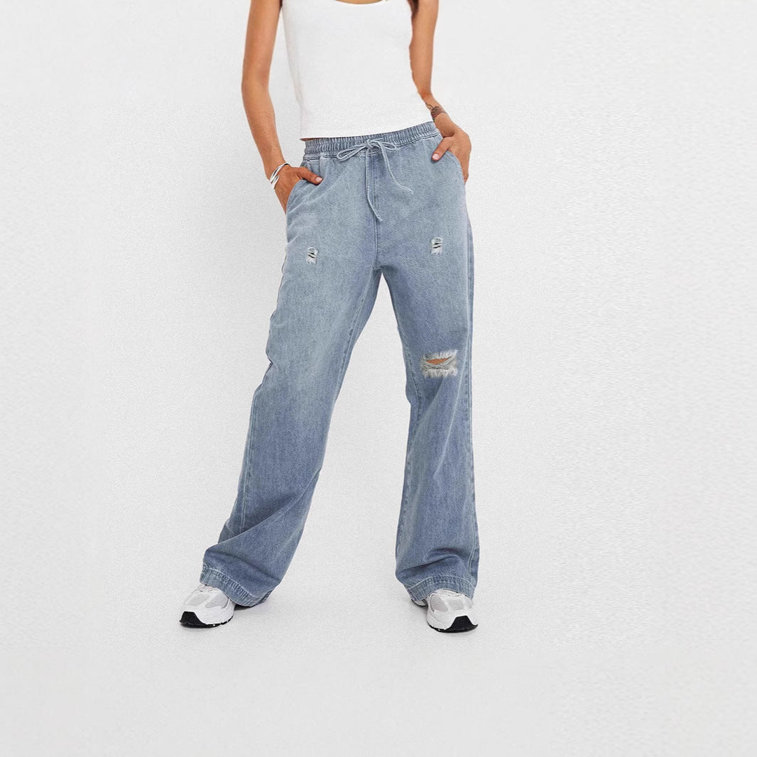 Damen lässige weite Denim-Hose mit elastischem Bund R&B