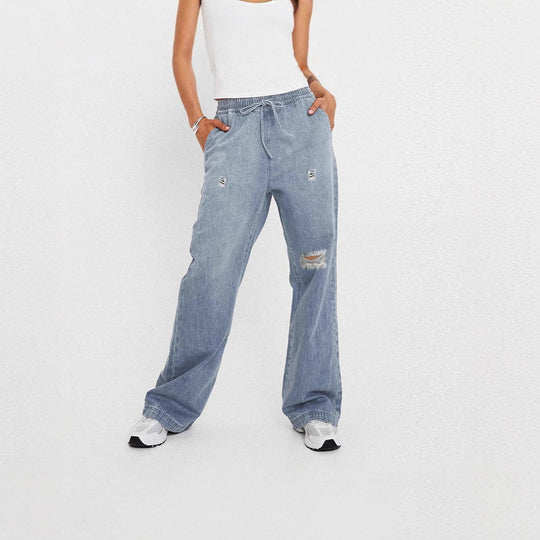 Damen lässige weite Denim-Hose mit elastischem Bund R&B
