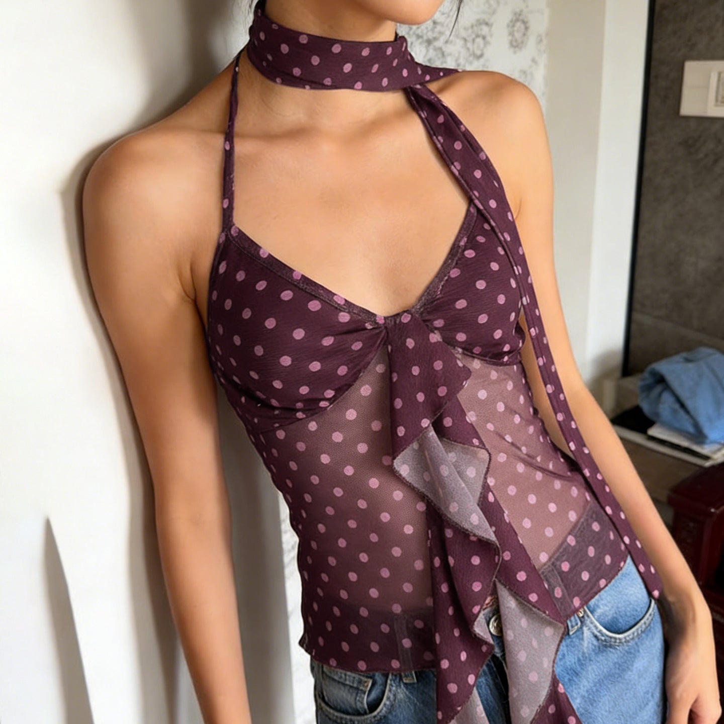 Damen luftiges Haltertop mit verspieltem Punkte-Design und Rüschendetails R&B