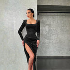 Damen Raffiniertes Stretch-Kleid mit asymmetrischem Schlitz und langen Ärmeln R&B