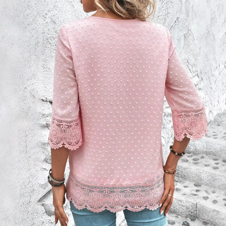Damen nan feminine Chiffon-Tunika mit Pünktchenrelief, V-Ausschnitt und Häkelspitzenbesatz R&B