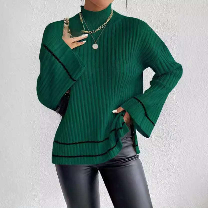 Damen eleganter Strickpullover mit hohem Kragen und weitem Ärmelabschluss R&B