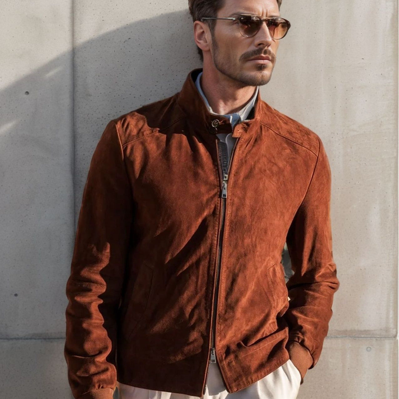 Herren elegante Wildlederjacke mit Stehkragen und seitlichen Eingrifftaschen R&B