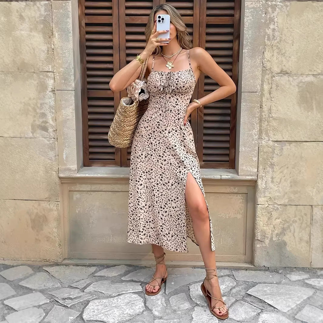 Damen sommerliches Maxikleid mit verstellbaren Spaghettiträgern und seitlichem Schlitz R&B