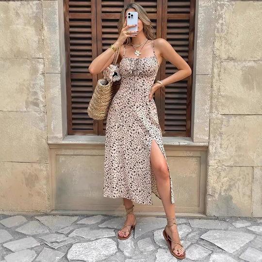 Damen sommerliches Maxikleid mit verstellbaren Spaghettiträgern und seitlichem Schlitz R&B