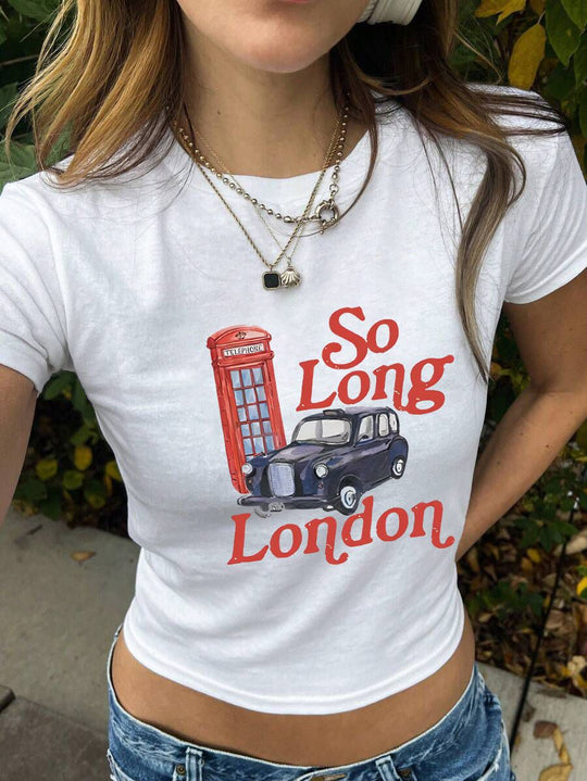 Damen figurbetontes Kurzarm-T-Shirt mit verspieltem Aufdruck R&B