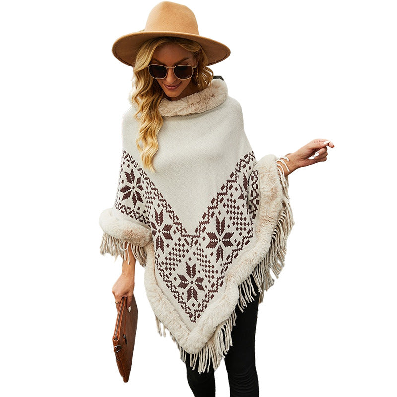 Damen eleganter Poncho mit dekorativem Fransen-Design und Kunstfellbesatz R&B