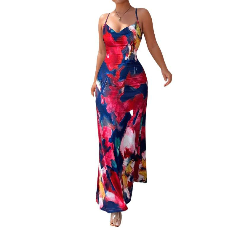 Damen Maxikleid mit floralem Aquarelldruck und schmalen Spaghetti-Trägern R&B