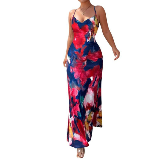 Damen Maxikleid mit floralem Aquarelldruck und schmalen Spaghetti-Trägern R&B