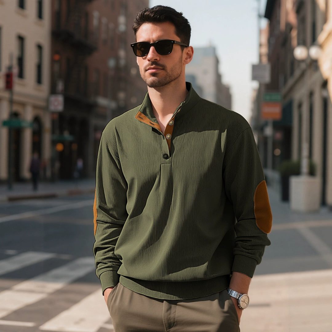 Herren nan lässiger Strukturpullover mit Polokragen, kurzer Knopfleiste und veganen Lederbesätzen R&B