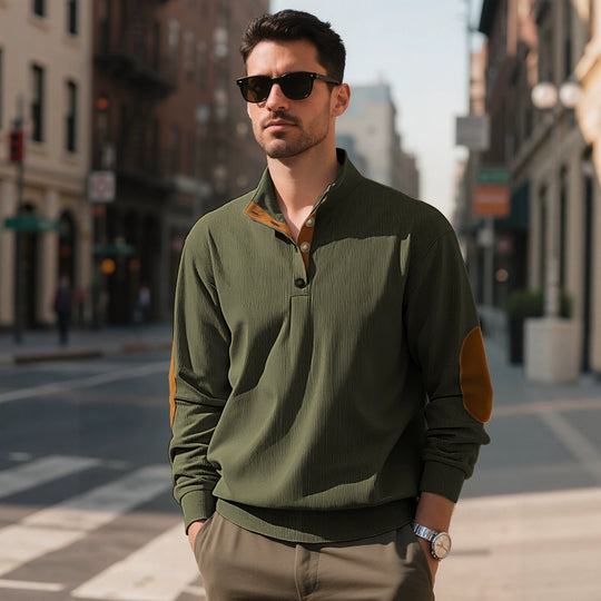 Herren nan lässiger Strukturpullover mit Polokragen, kurzer Knopfleiste und veganen Lederbesätzen R&B