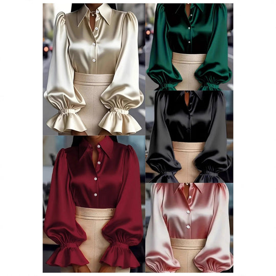 Damen elegante Seidenbluse mit Puffärmeln und schicker Knopfleiste R&B
