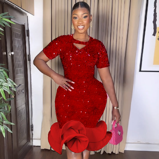 Damen glamouröses Abendkleid mit schimmernden Pailletten und voluminösem Saum R&B