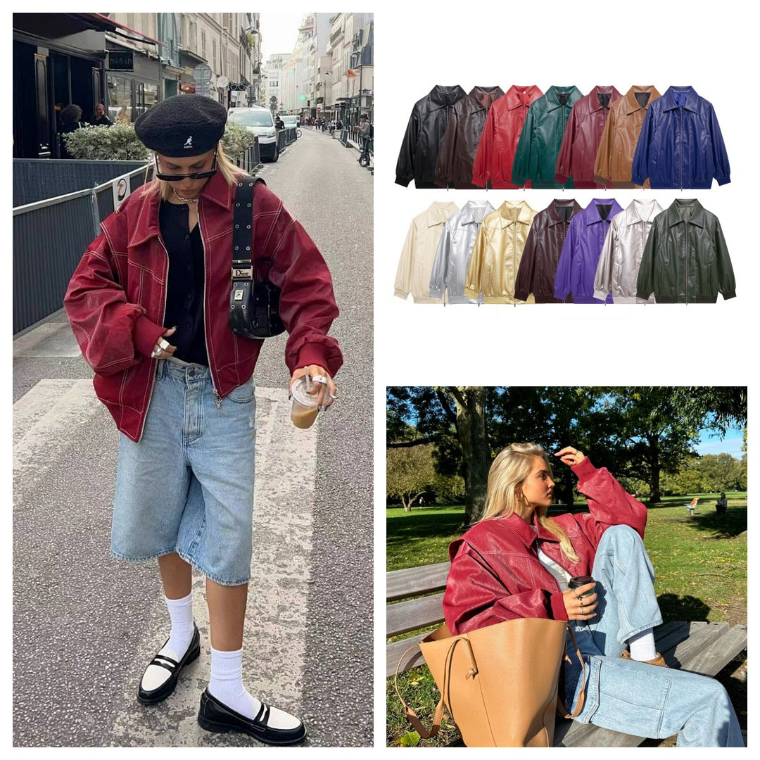 Damen lässige Kunstlederjacke mit hohem Kragen und Reißverschluss R&B